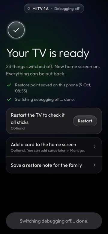 Upstream screenshot: completed setup with restore controls available